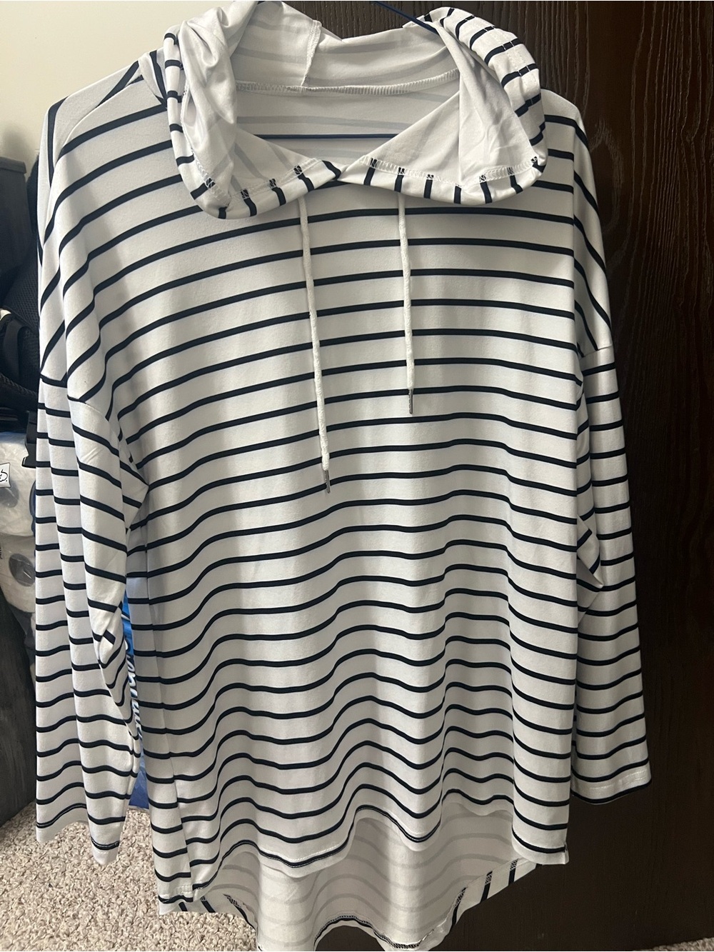 Striped Hooded Long Sleeve Top - White & Navy
